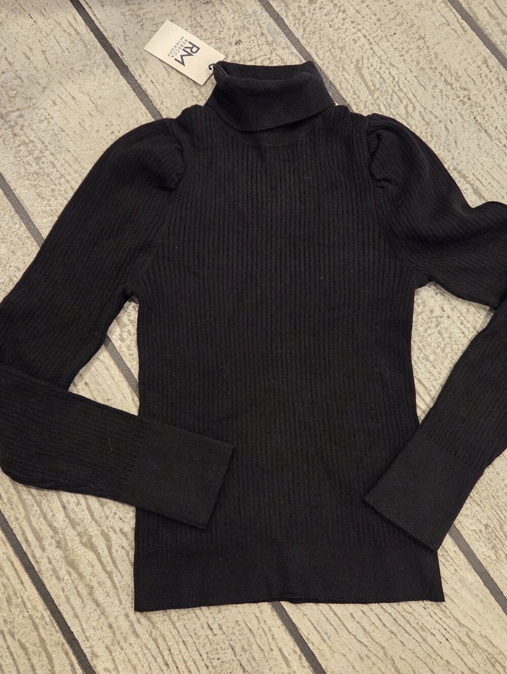 NWT Rebecca Minkoff Black Ribbed Puff-Sleeve Turtleneck Sweater
